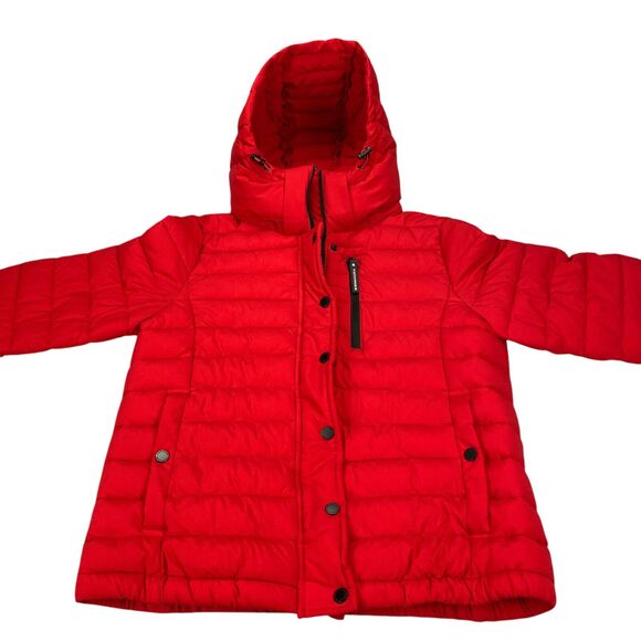 Bcbg Maxazria Quilted Puffer Jacket - Detachable Hood- Womens M Red Eco Friendly - Picture 6 of 16